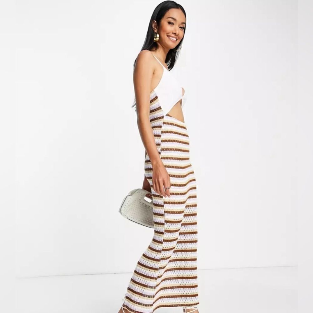 ASOS CROCHET MIDI DRESS CUTOUT STRIPE - Picture 2 of 13